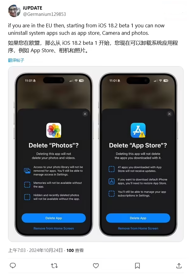 青白江苹果手机维修分享iOS 18.2 支持删除 App Store 应用商店 