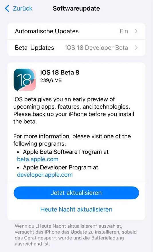 青白江苹果手机维修分享苹果 iOS / iPadOS 18 开发者预览版 Beta 8 发布 